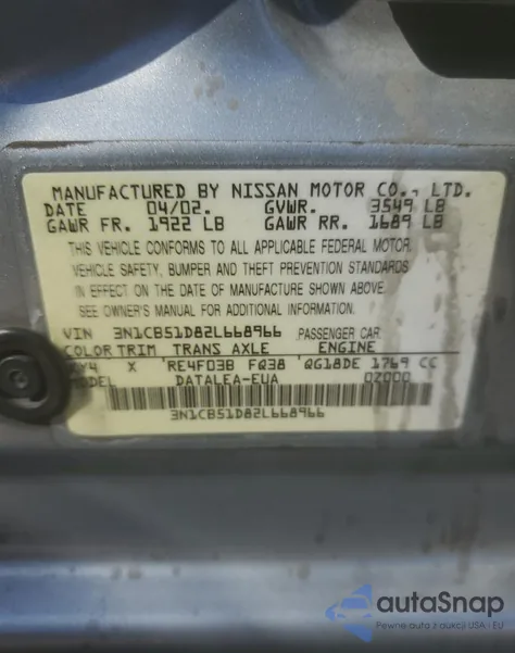 2002 Nissan Sentra Xe z USA, uszkodzony, nr VIN 3N1CB51D82L668966